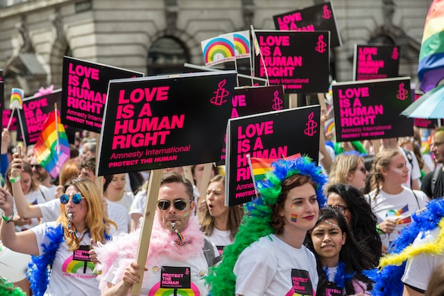 crowd at a pride month parade holding up signs saying "love is a human right"